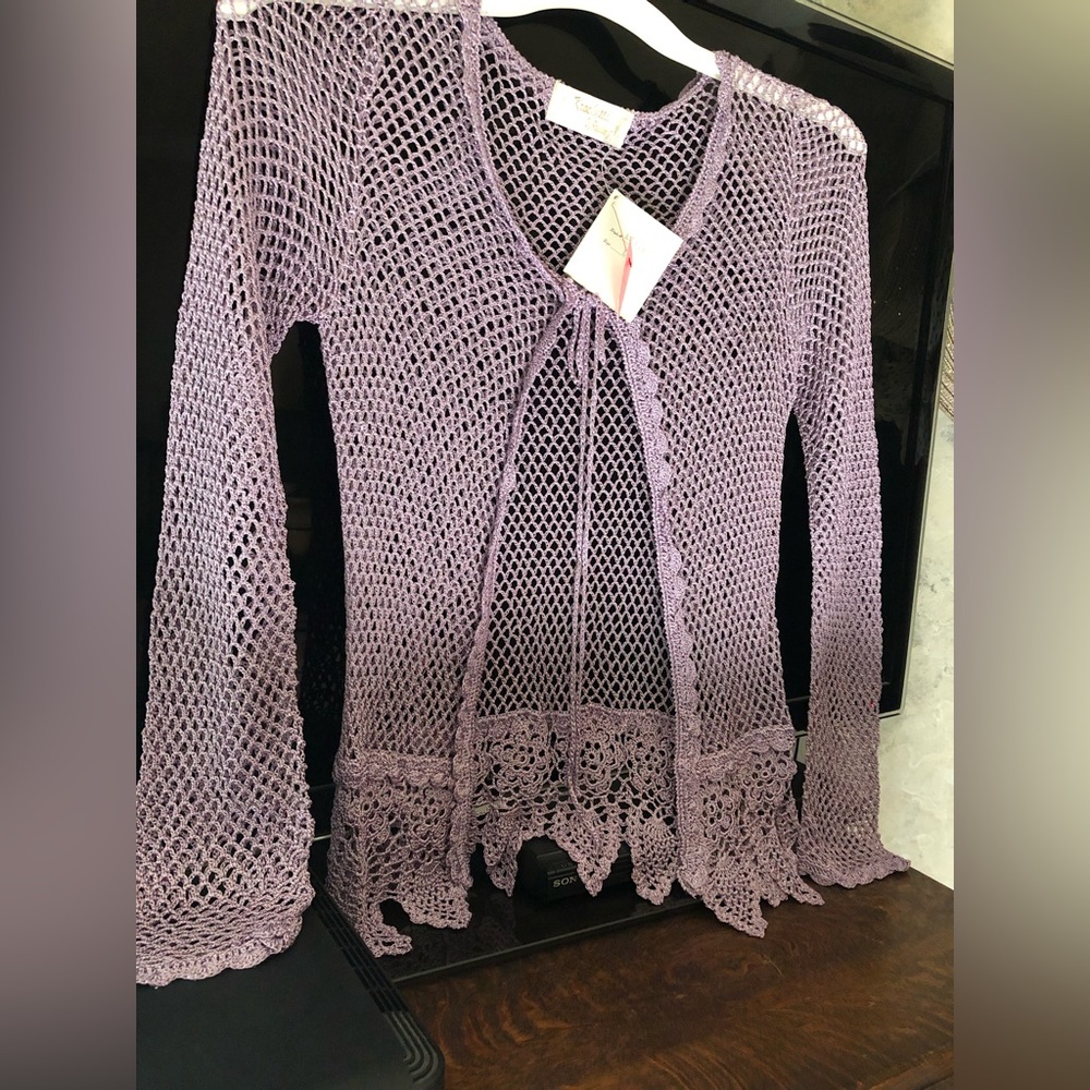 Lavender sweater crochet new tie front long sleeves little scallops hem Papillon